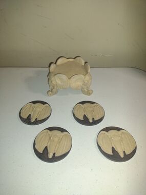 Vintage 80s Carved Elephant Coaster Set with Holder - Beige & Brown Richesco Co